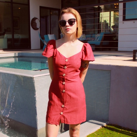 Red button down dress mini cap sleeve - Picture 4 of 10